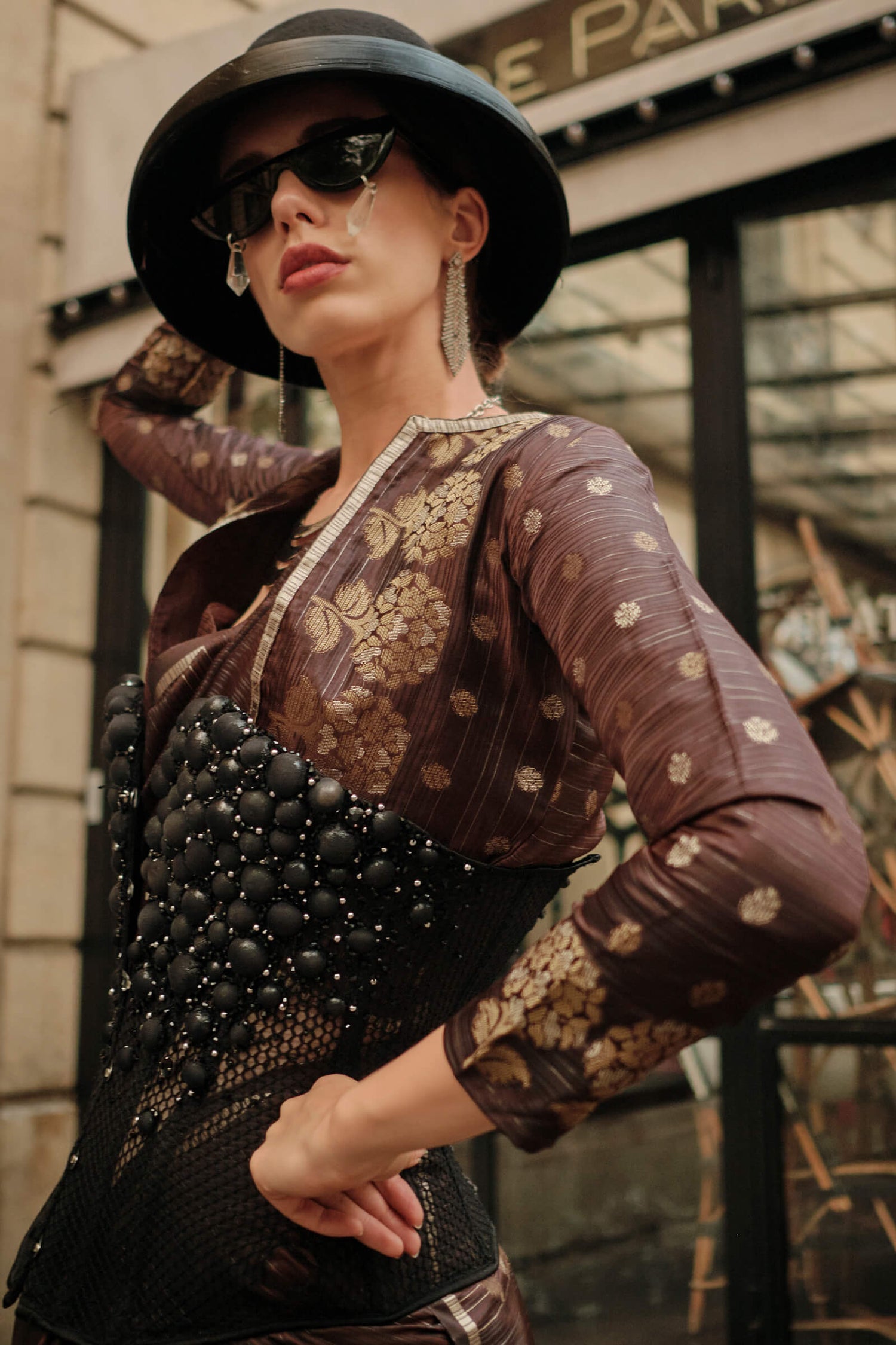 Engrossing Brown Banarasi Satin Silk Saree With Moiety Blouse