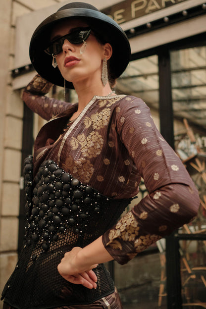 Engrossing Brown Banarasi Satin Silk Saree With Moiety Blouse