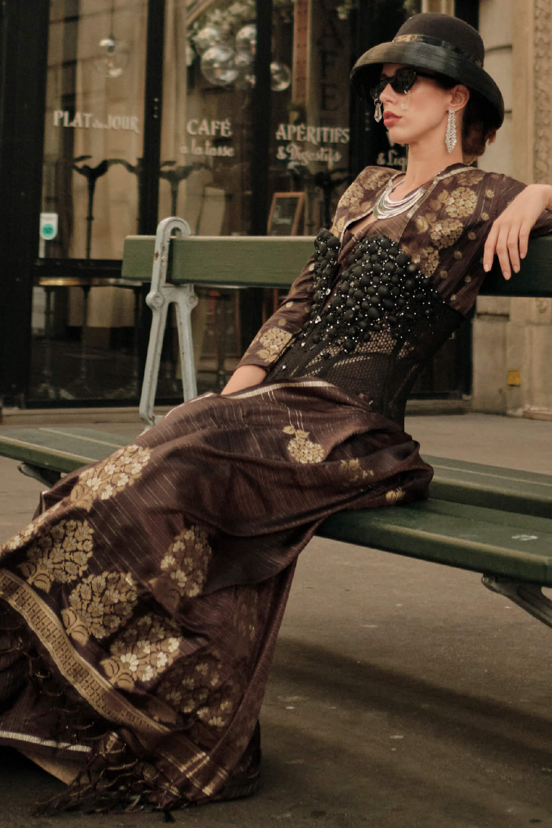 Engrossing Brown Banarasi Satin Silk Saree With Moiety Blouse