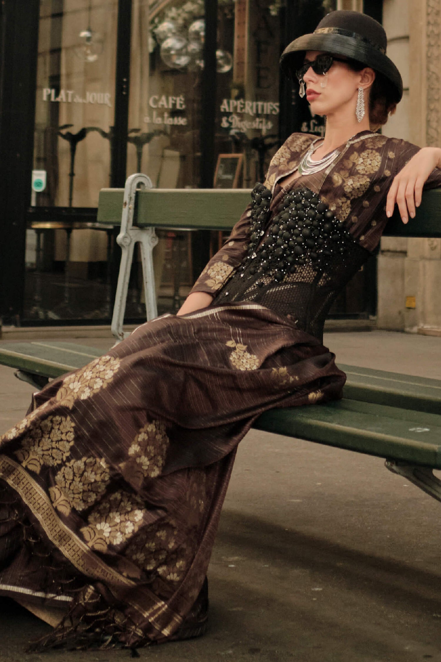 Engrossing Brown Banarasi Satin Silk Saree With Moiety Blouse