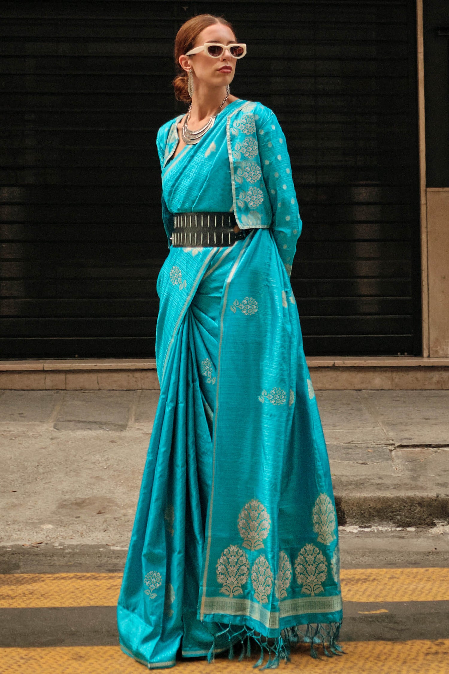 Quixotic Firozi Banarasi Satin Silk Saree With Artistic Blouse