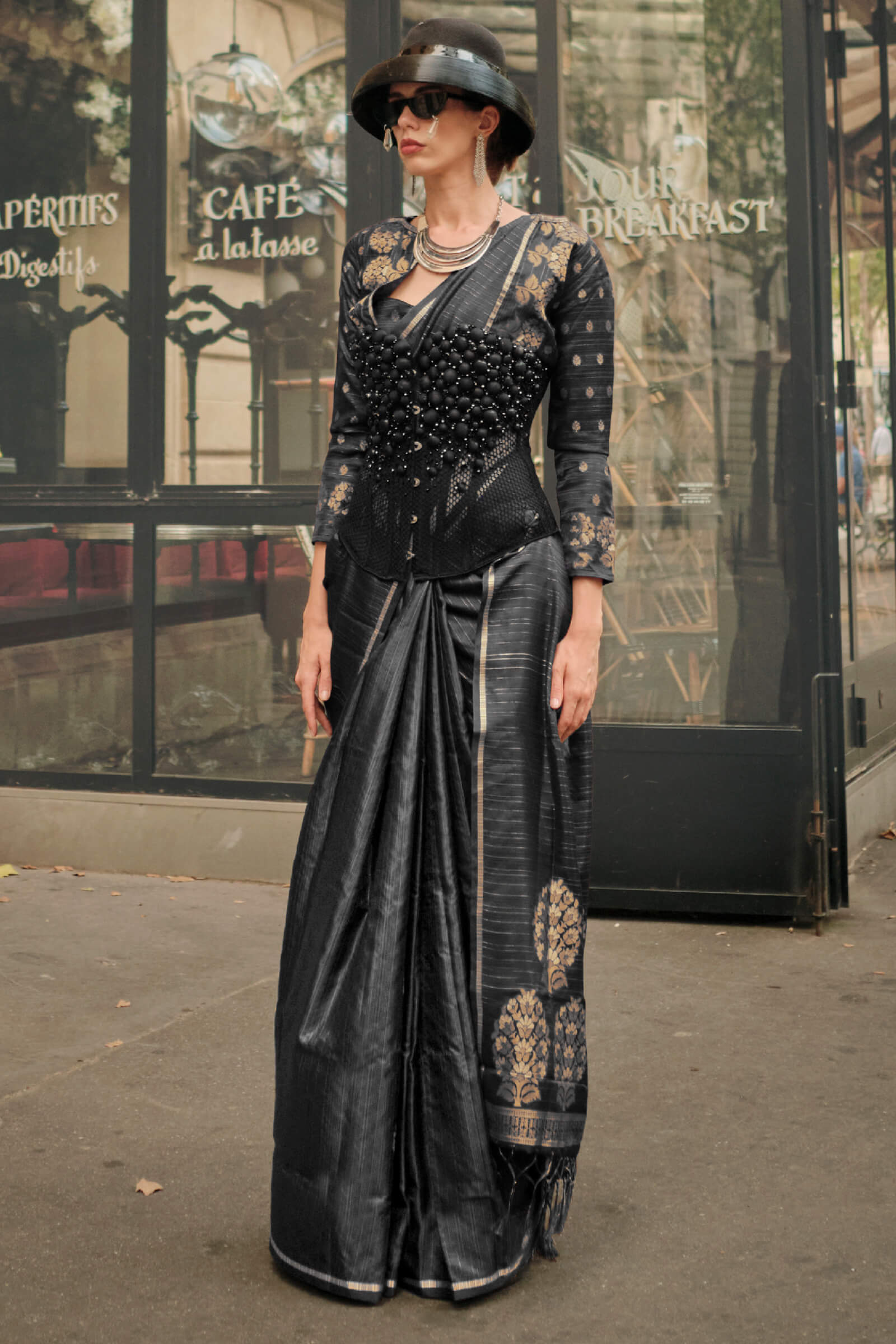 Pretty Black Banarasi Satin Silk Saree With Unequalled Blouse