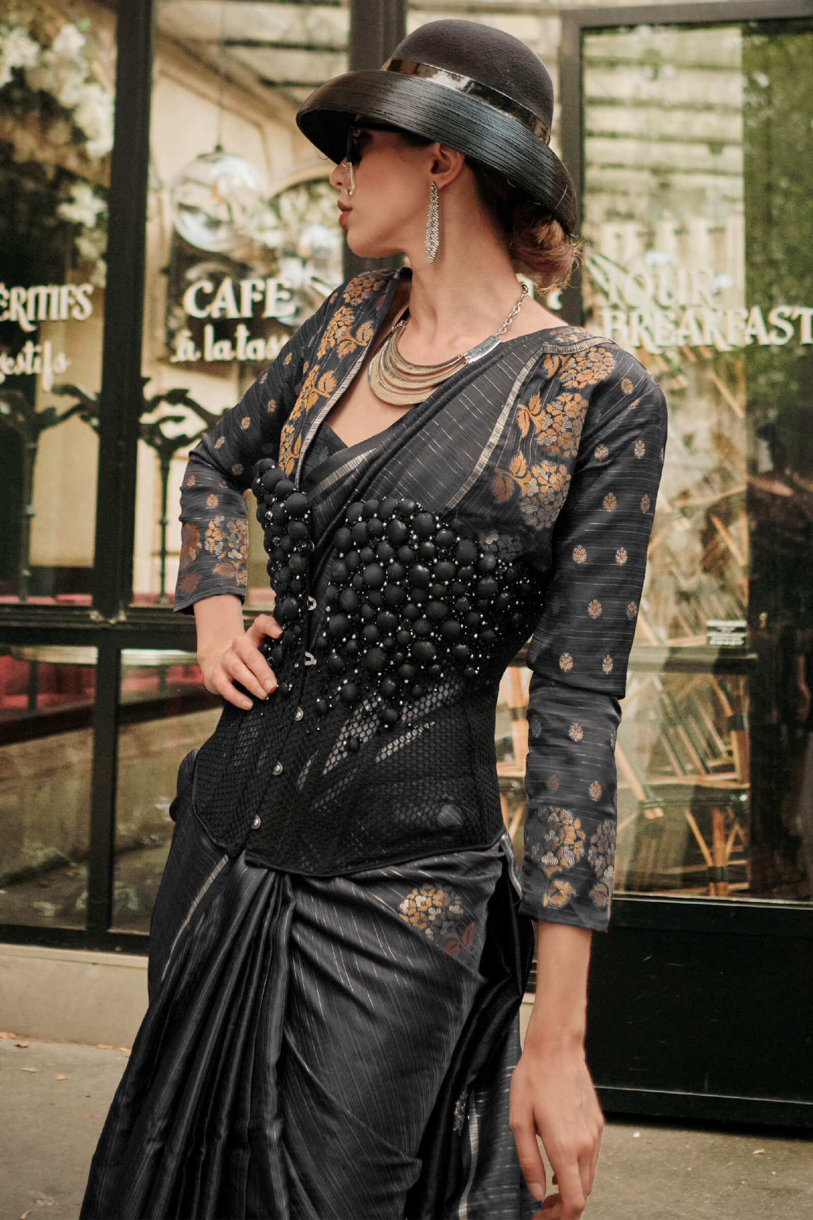 Pretty Black Banarasi Satin Silk Saree With Unequalled Blouse