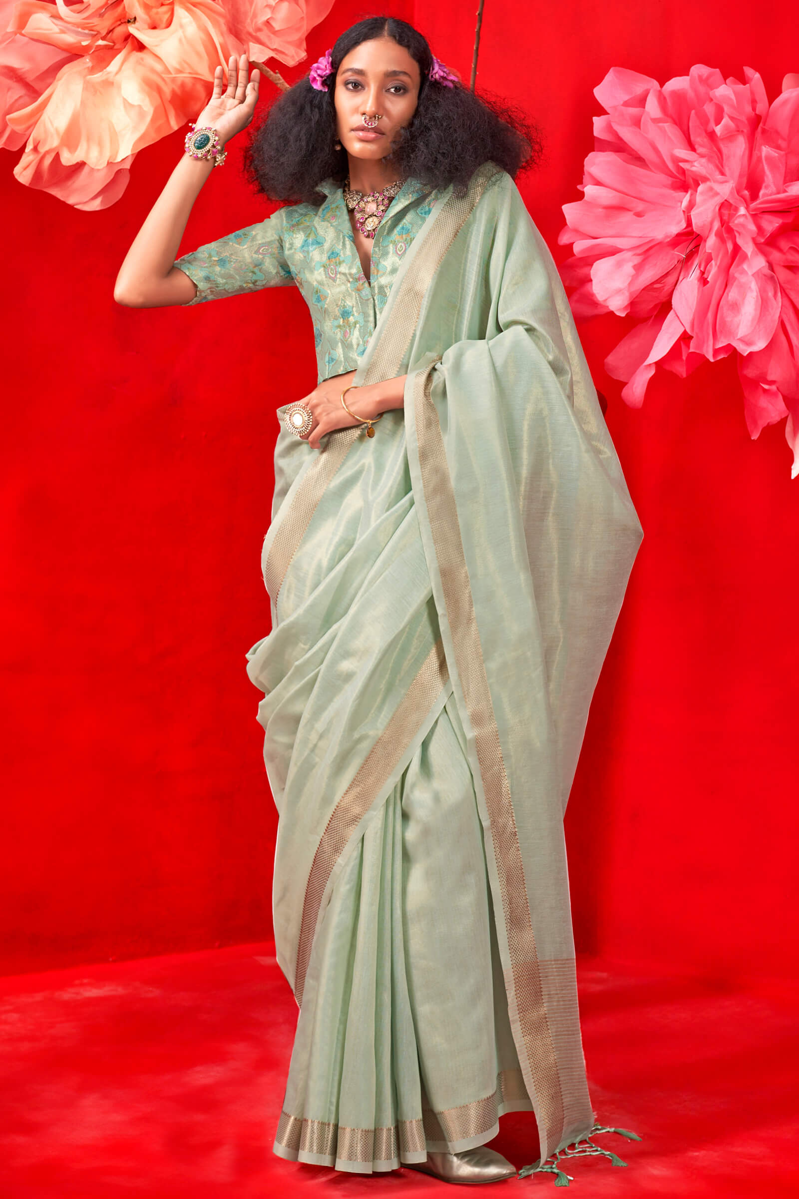 Lissome Sea Green Soft Banarasi Tissue Silk Saree With Beauteous Blouse Piece