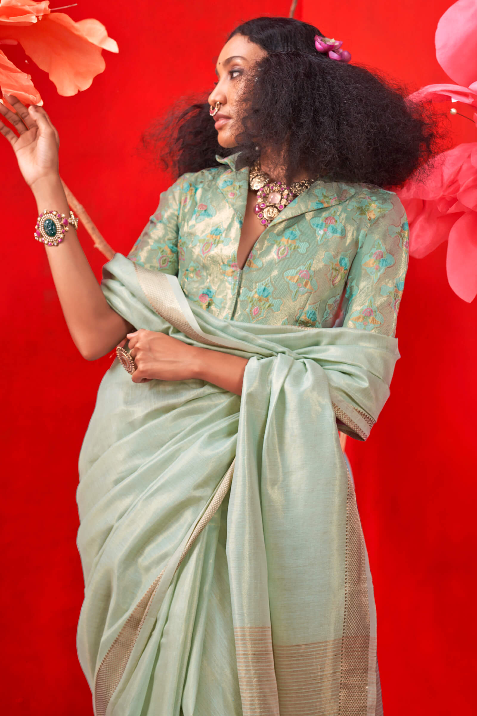 Lissome Sea Green Soft Banarasi Tissue Silk Saree With Beauteous Blouse Piece