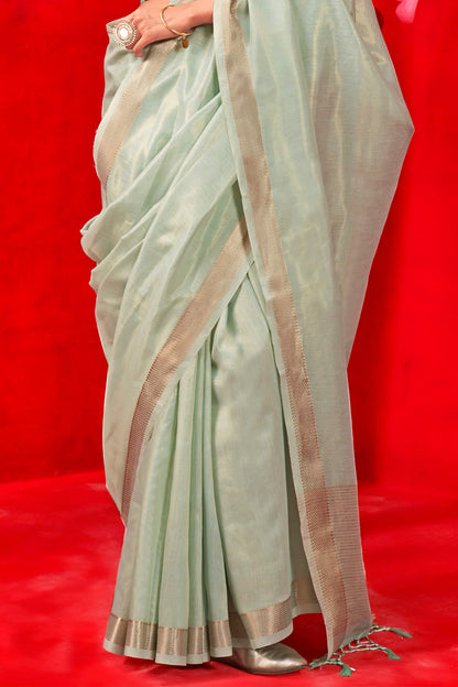 Lissome Sea Green Soft Banarasi Tissue Silk Saree With Beauteous Blouse Piece