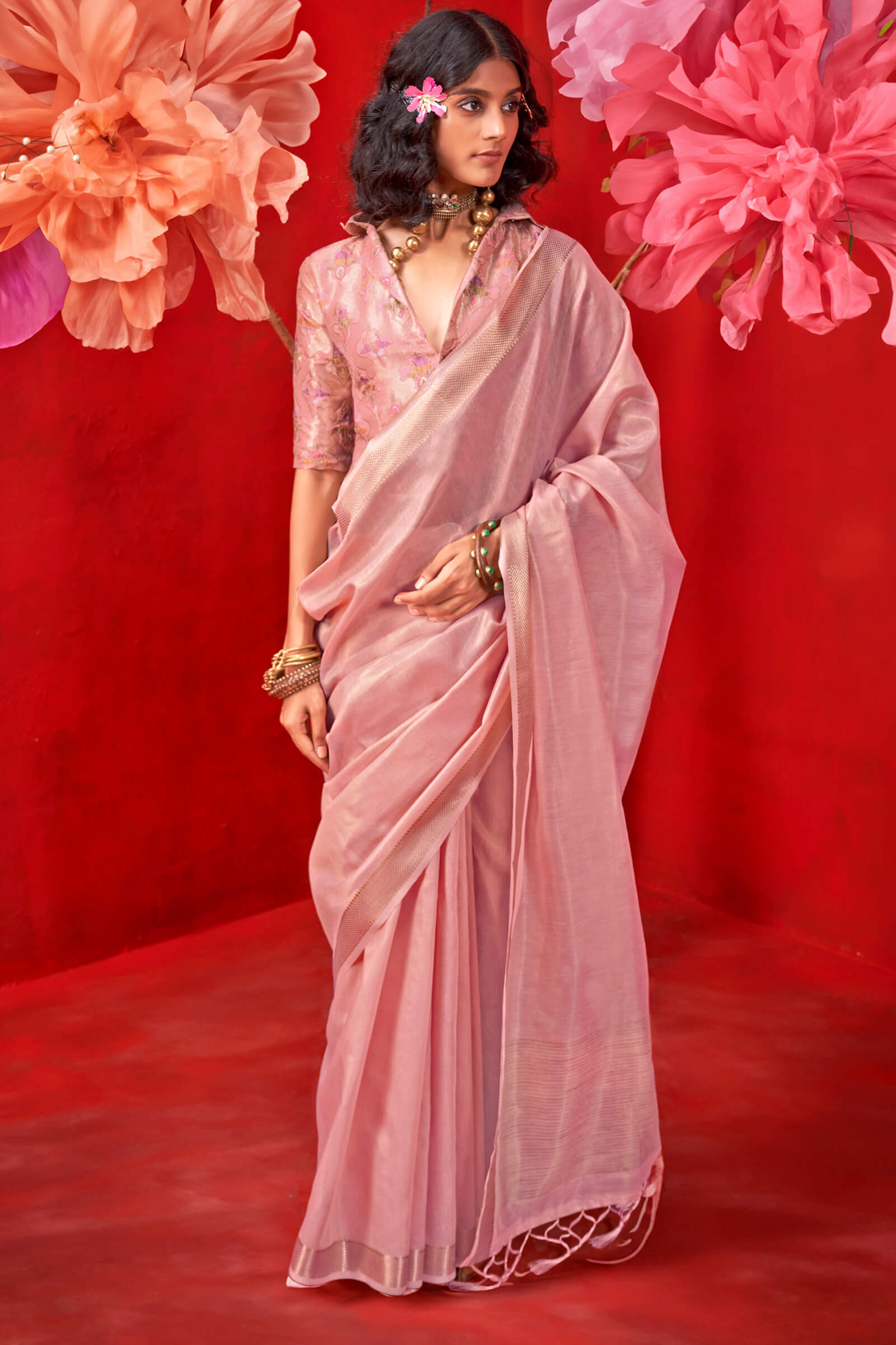 Glorious Pink Soft Banarasi Tissue Silk Saree With Nemesis Blouse Piece