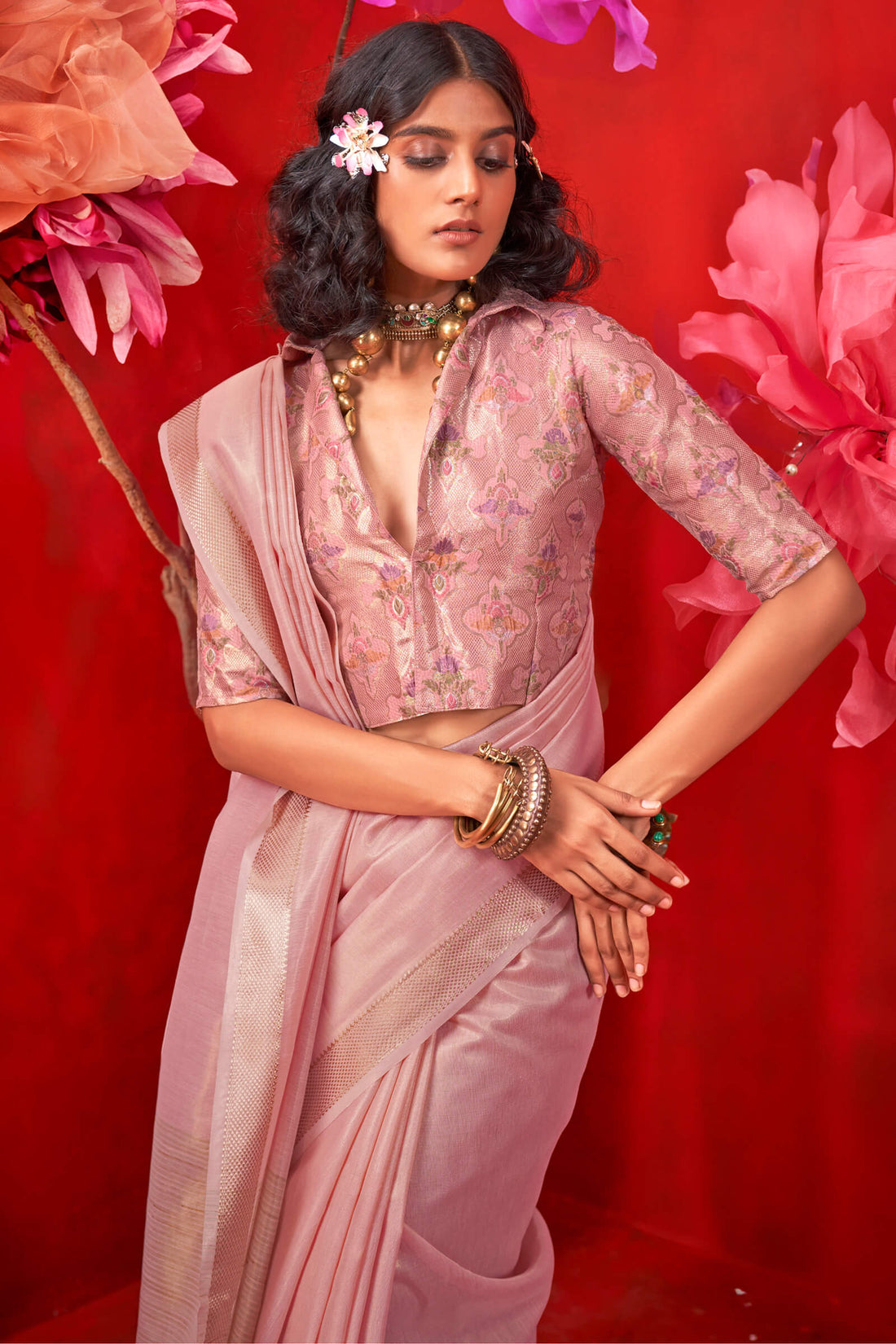 Glorious Pink Soft Banarasi Tissue Silk Saree With Nemesis Blouse Piece