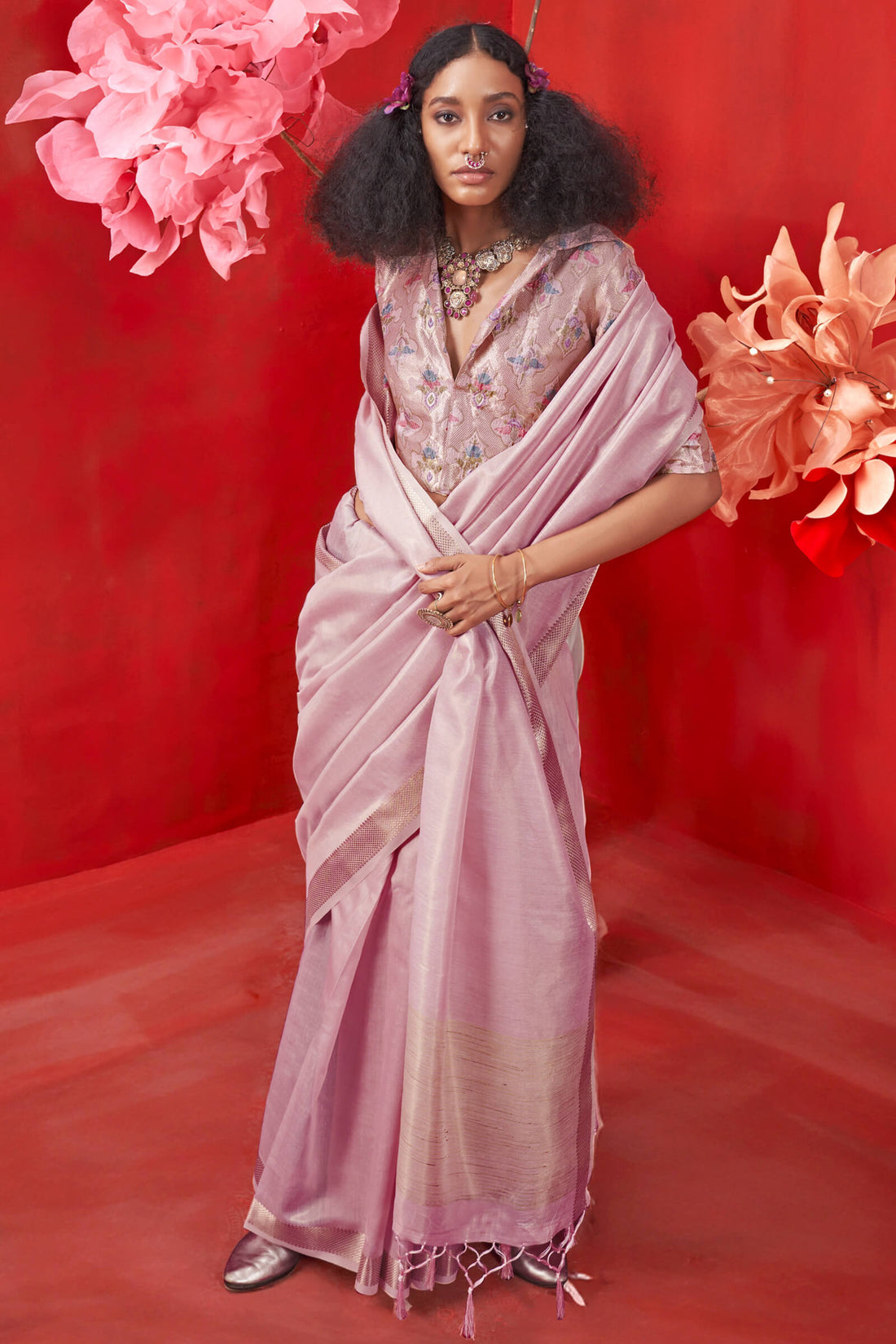 Serendipity Baby Pink Soft Banarasi Tissue Silk Saree With Snappy Blouse Piece
