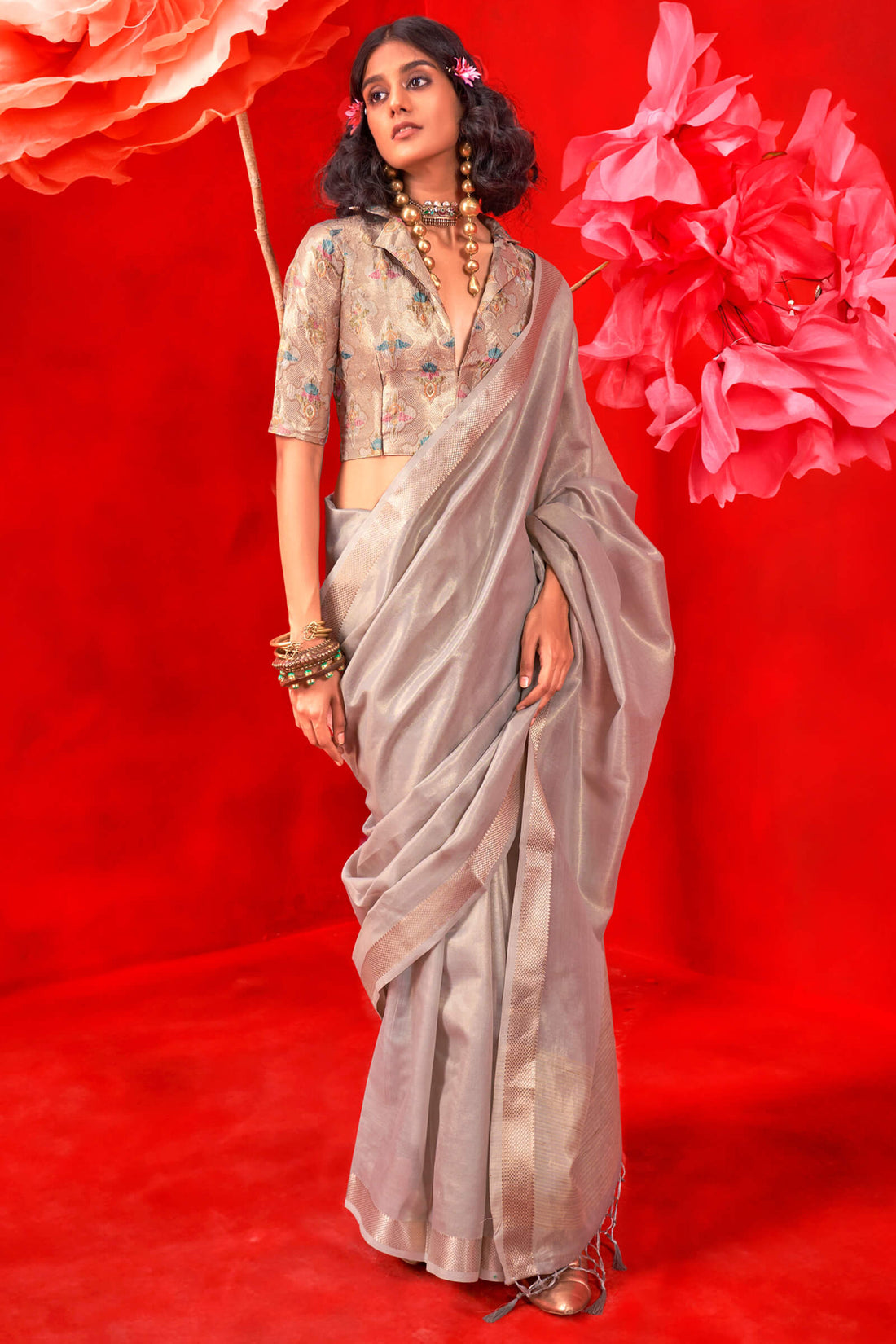 Incomparable Grey Soft Banarasi Tissue Silk Saree With Assemblage Blouse Piece