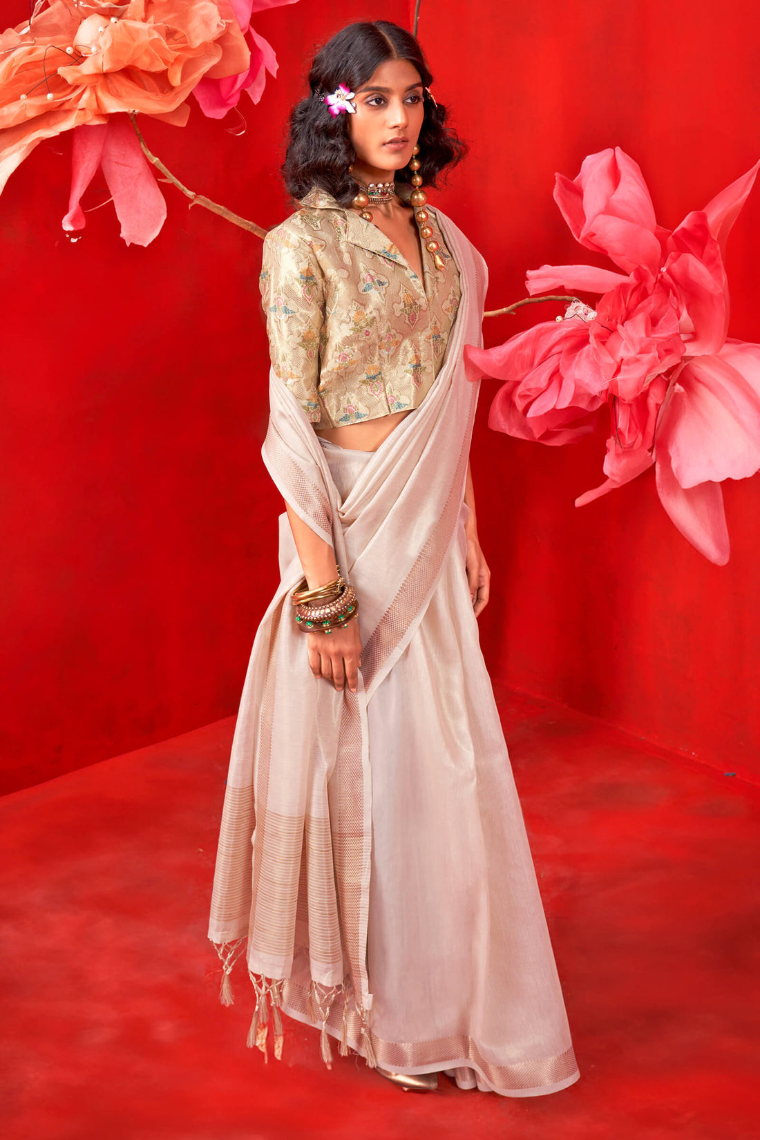 Embrocation Beige Soft Banarasi Tissue Silk Saree With Bucolic Blouse Piece