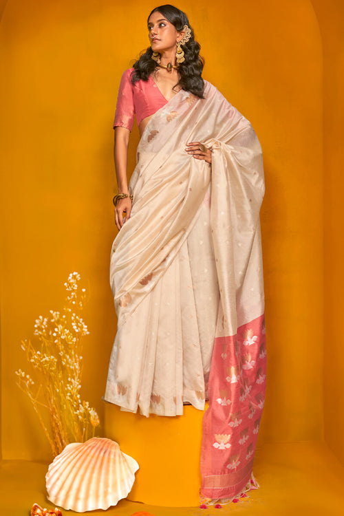 Load image into Gallery viewer, Designer Beige Soft Banarasi Silk Saree With Arresting Blouse Piece
