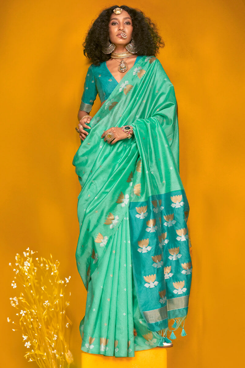 Assemblage Turquoise  Soft Banarasi Silk Saree With Epiphany Blouse Piece