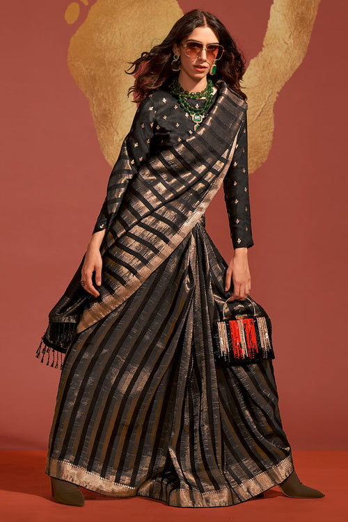 Load image into Gallery viewer, Eye-catching Black Soft Banarasi Silk Saree With Sizzling Blouse
