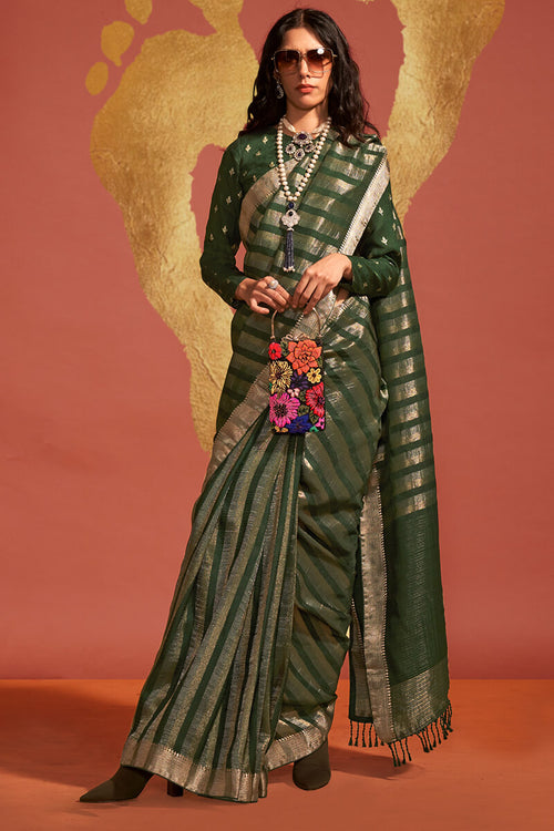 Load image into Gallery viewer, Jazzy Dark Green Soft Banarasi Silk Saree With Hypnotic Blouse
