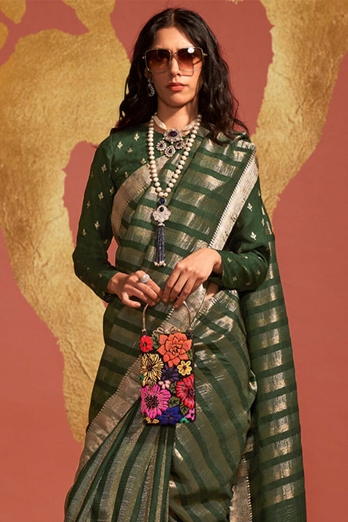 Load image into Gallery viewer, Jazzy Dark Green Soft Banarasi Silk Saree With Hypnotic Blouse
