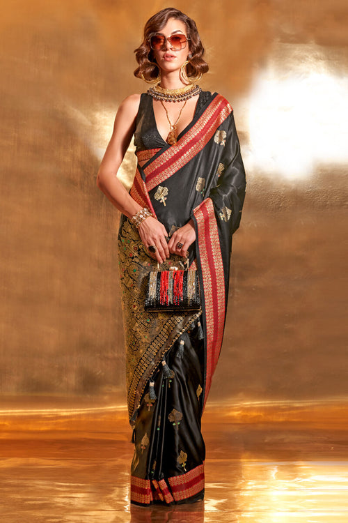 Load image into Gallery viewer, Gorgeous Black Soft Banarasi Silk Saree With Stylish Blouse
