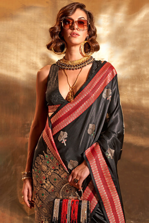 Load image into Gallery viewer, Gorgeous Black Soft Banarasi Silk Saree With Stylish Blouse
