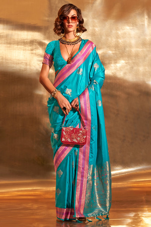 Load image into Gallery viewer, Glowing Firozi Soft Banarasi Silk Saree With Eye-catching Blouse
