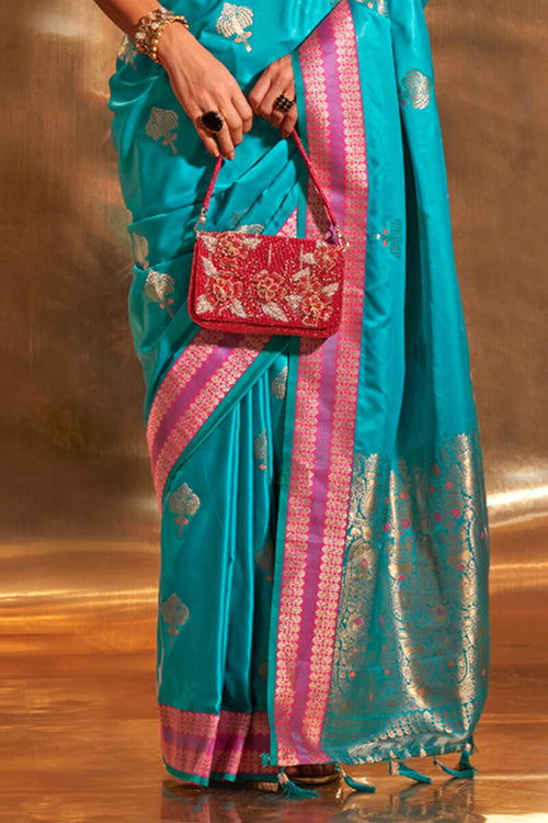 Load image into Gallery viewer, Glowing Firozi Soft Banarasi Silk Saree With Eye-catching Blouse
