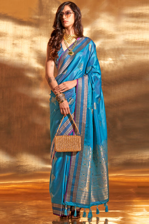 Load image into Gallery viewer, Radiant Blue Soft Banarasi Silk Saree With Prominent Blouse
