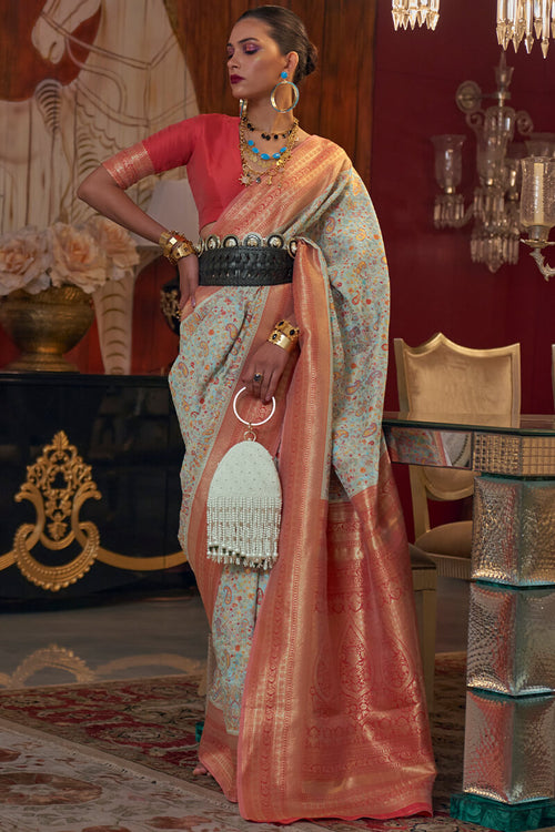 Load image into Gallery viewer, Elision Pista Pashmina saree With Palimpsest Blouse Piece
