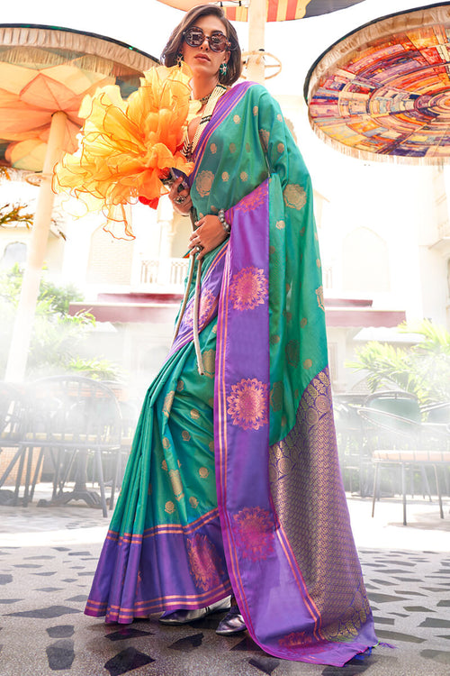 Load image into Gallery viewer, Snazzy Sea Green Soft Banarasi Silk Saree With Staggering Blouse Piece
