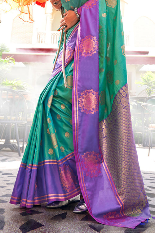 Load image into Gallery viewer, Snazzy Sea Green Soft Banarasi Silk Saree With Staggering Blouse Piece
