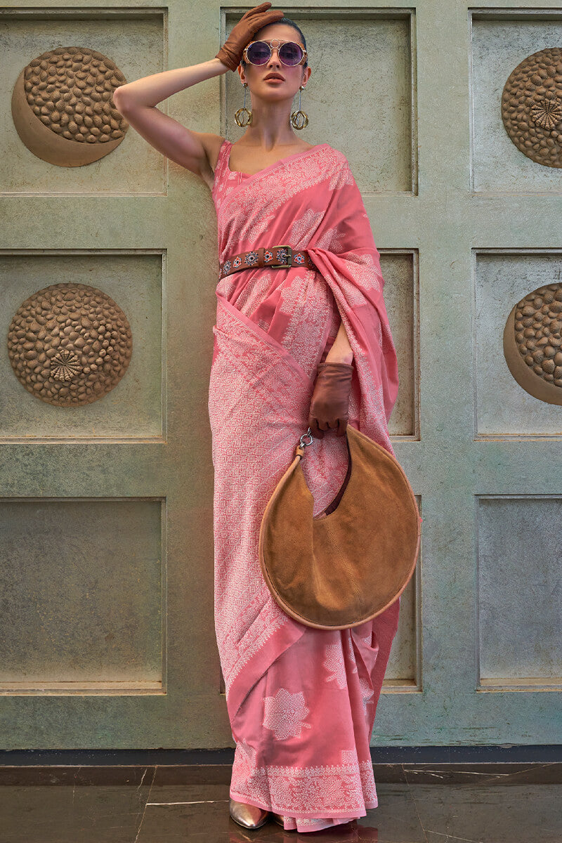 Innovative Pink Lucknowi Silk Saree With Pretty Blouse Piece