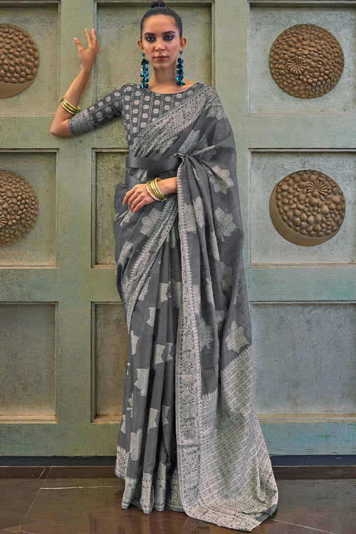 Load image into Gallery viewer, Gorgeous Grey Lucknowi Silk Saree With Stylish Blouse Piece
