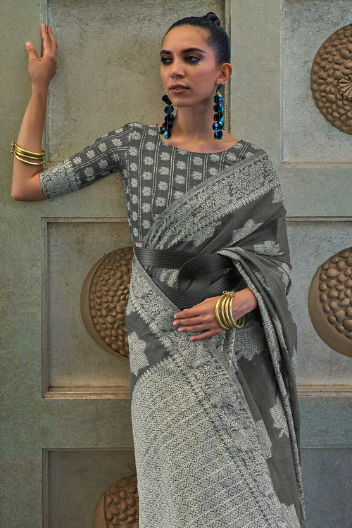 Load image into Gallery viewer, Gorgeous Grey Lucknowi Silk Saree With Stylish Blouse Piece
