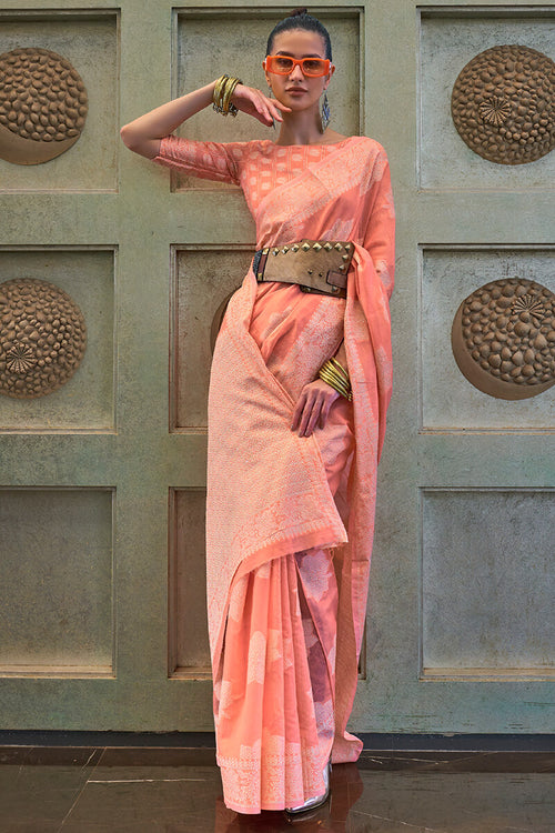 Load image into Gallery viewer, Gratifying Peach Lucknowi Silk Saree With Charming Blouse Piece
