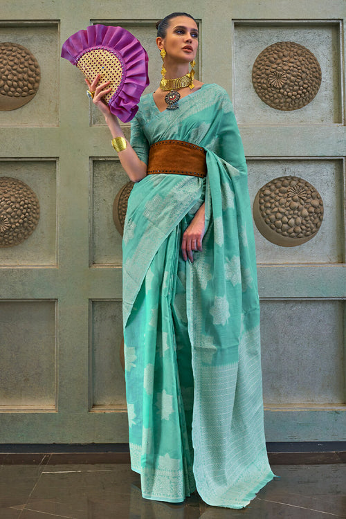 Load image into Gallery viewer, Adorable Sea Green Lucknowi Silk Saree With Ravishing Blouse Piece
