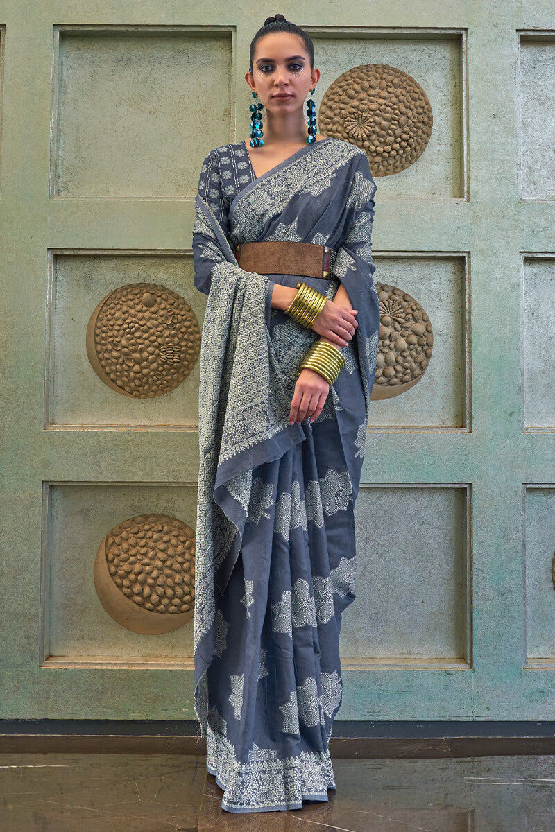 Glorious Blue Lucknowi Silk Saree With Stunner Blouse Piece