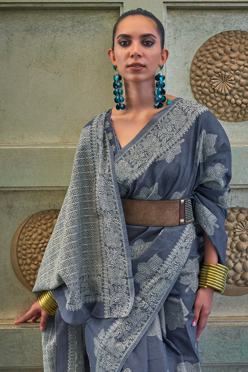 Glorious Blue Lucknowi Silk Saree With Stunner Blouse Piece