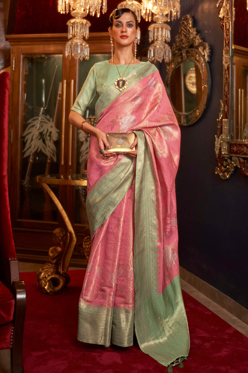 Preferable Pink Kanjivaram Silk Saree With Classic Blouse Piece