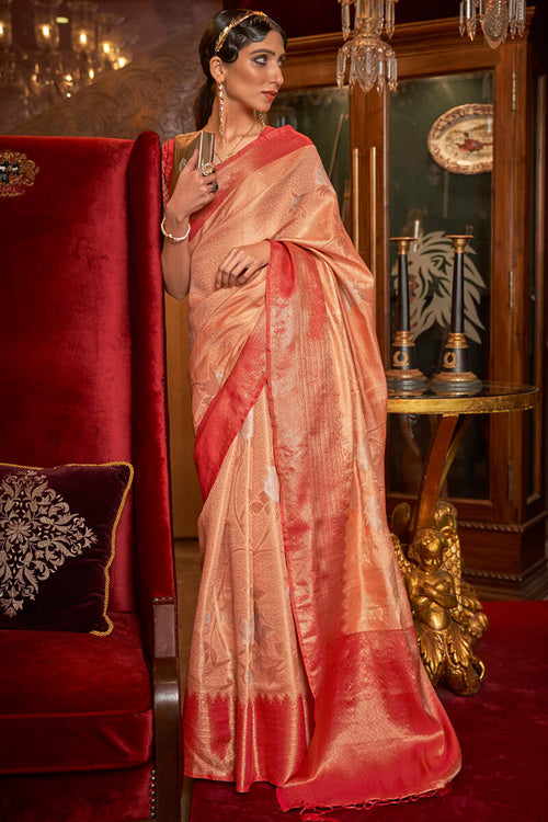 Load image into Gallery viewer, Imbrication Peach Kanjivaram Silk Saree With Propinquity Blouse Piece
