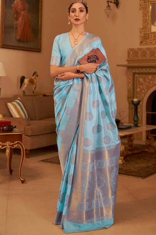 Load image into Gallery viewer, Elegant Sky Soft Banarasi Silk Saree With Sizzling Blouse Piece
