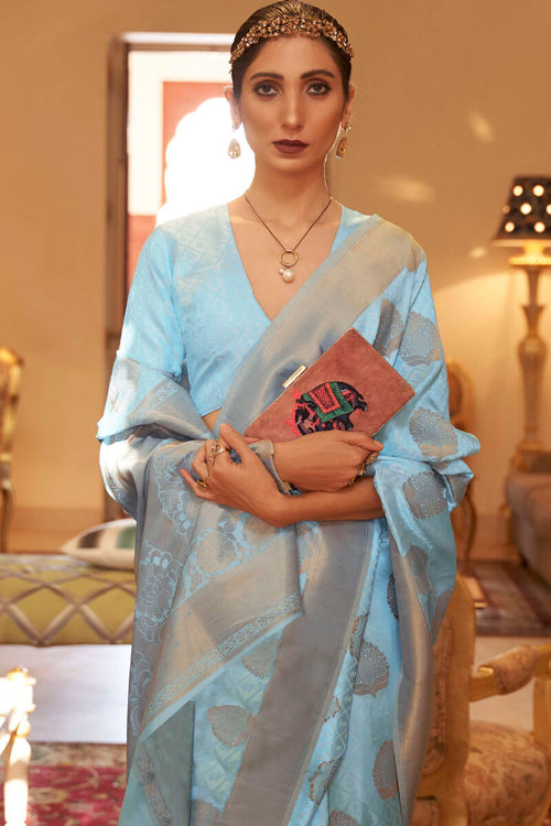 Load image into Gallery viewer, Elegant Sky Soft Banarasi Silk Saree With Sizzling Blouse Piece
