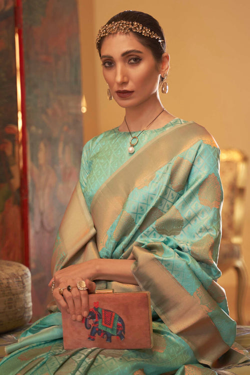 Load image into Gallery viewer, Inspiring Sea Green Soft Banarasi Silk Saree With Adoring Blouse Piece
