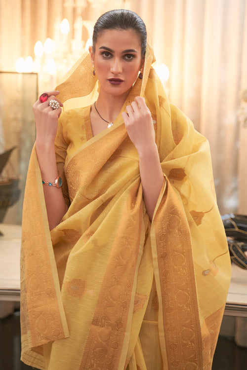 Load image into Gallery viewer, Proficient Yellow Cotton Silk Saree With Glittering Blouse Piece
