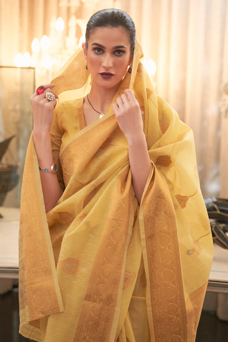 Proficient Yellow Cotton Silk Saree With Glittering Blouse Piece