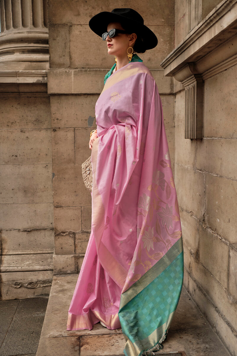 Prettiest Baby Pink Soft Banarasi Silk Saree With Opulent Blouse Piece