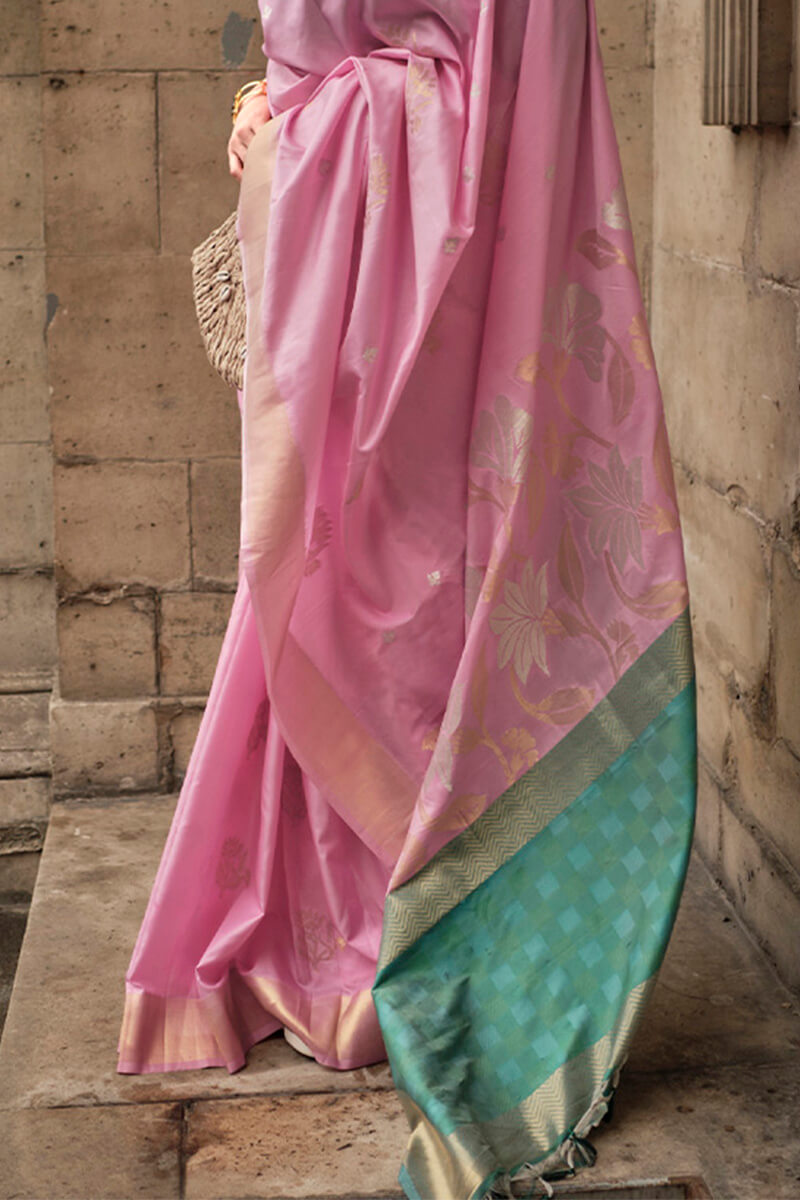 Prettiest Baby Pink Soft Banarasi Silk Saree With Opulent Blouse Piece