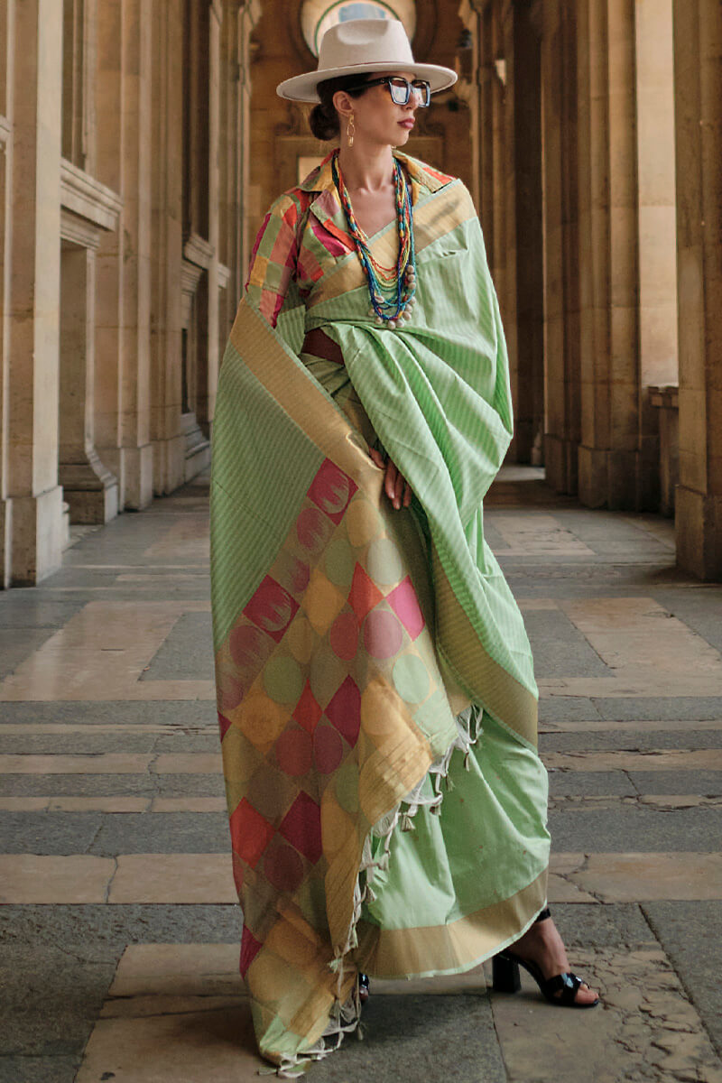 Opulent Pista Soft Banarasi Silk Saree With Fancifull Blouse Piece