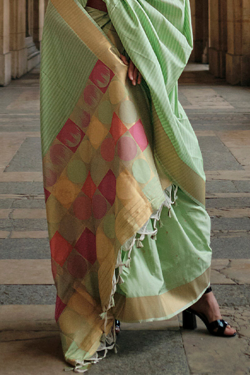 Opulent Pista Soft Banarasi Silk Saree With Fancifull Blouse Piece