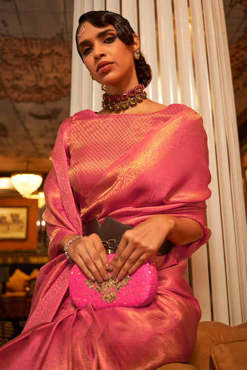 Load image into Gallery viewer, Classy Pink Kanjivaram Silk Saree With Capricious Blouse Piece
