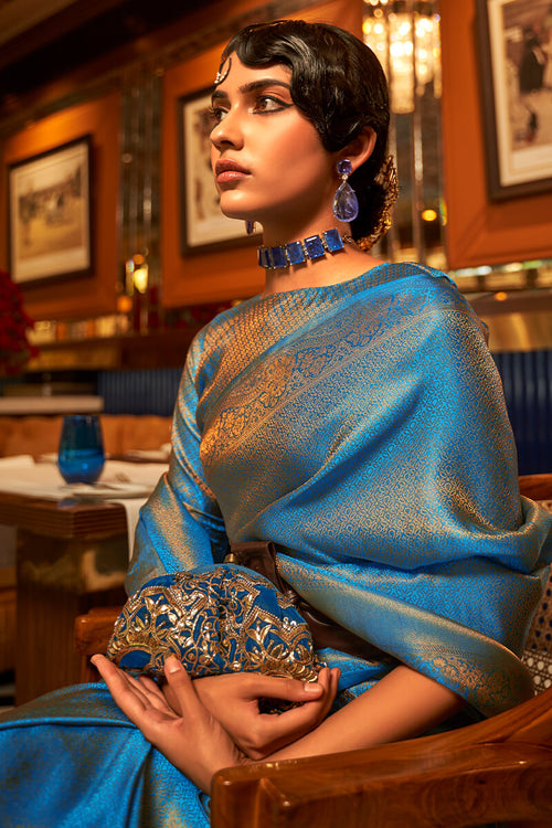 Load image into Gallery viewer, Invaluable Blue Kanjivaram Silk Saree With Impressive Blouse Piece
