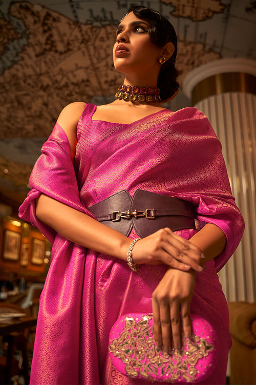 Load image into Gallery viewer, Blooming Dark Pink Kanjivaram Silk Saree With Hypnotic Blouse Piece
