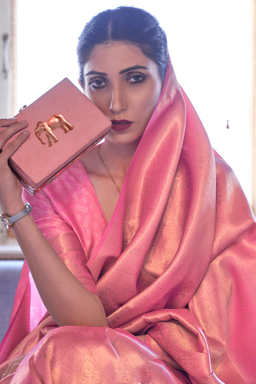 Load image into Gallery viewer, Lovely Pink Kanjivaram Silk Saree With Mesmerising Blouse Piece
